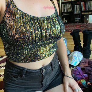 Gold Sequin Shiny Crop Top Bear Dance Womens Large